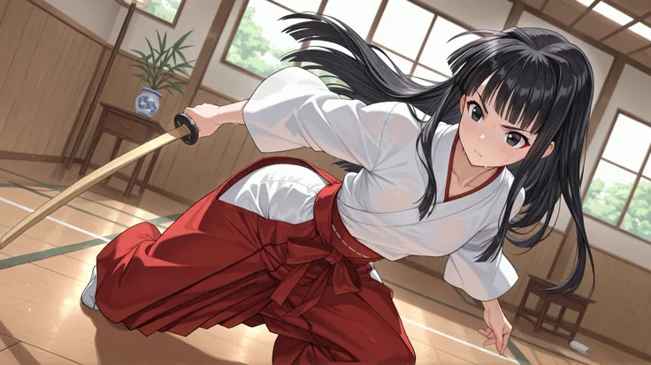 Aoyama Motoko \(love hina\) a young woman the moment he swings up a bamboo sword, the woman, who appears to be in her late teens or early twenties, has long, black hair, minimalistic design with a bed in the background, a wooden nightstand with a lamp, ...