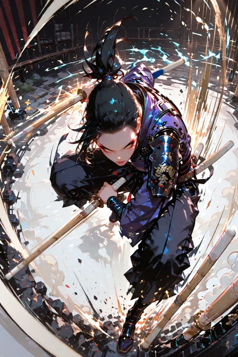 a short-haired girl with hair tied back,
wearing kendo hakama and protective armor,
holding a shinai with both hands in a dynamic stance, (from above:1.2), (detailed pretty face), (detailed beautiful eyes), fierce expression, (full body shot),
(swinging...