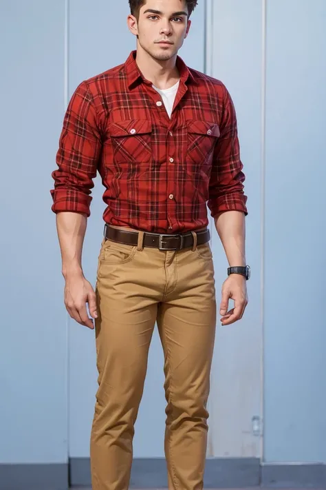 a close up of a person wearing a red shirt and tan pants, inspired by Dean Roger, lumberjack flannel, highly detailed full body, wearing a flannel shirt, hyperrealistic teen, wearing plaid shirt, full body detailed, wearing a red lumberjack shirt, single c...
