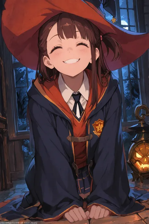 masterpiece, Highest Quality, Ridiculous, very beautiful, Newest, high resolution, Super Detailed, 1girl, cell atsuko, Witch Hat, indoors, ,, Outdoor, night, trees,KAGARI ATSUKO、Hogwarts school uniform、mouth closes、Smile Yan