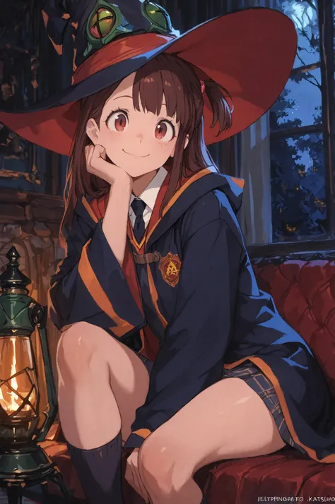 masterpiece, Highest Quality, Ridiculous, very beautiful, Newest, high resolution, Super Detailed, 1girl, cell atsuko, Witch Hat, indoors, ,, Outdoor, night, trees,KAGARI ATSUKO、Hogwarts school uniform、mouth closes、Smile Yan
