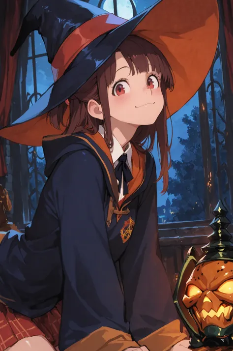 masterpiece, Highest Quality, Ridiculous, very beautiful, Newest, high resolution, Super Detailed, 1girl, cell atsuko, Witch Hat, indoors, ,, Outdoor, night, trees,KAGARI ATSUKO、Hogwarts school uniform、mouth closes、Smile Yan