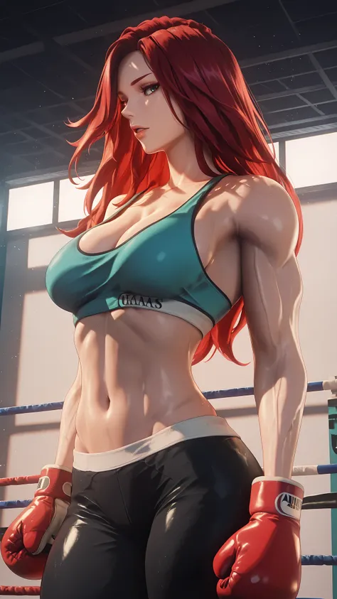 masterpiece, best quality, ultra-detailed, miss_fortune, looking at viewer, tall slim female, long_torso, high_waistline, defined_waist, dramatic_waist_curve, extreme_cinched_waist, inverted_triangle_figure,  bra hooks clearly visible in profile, sports br...