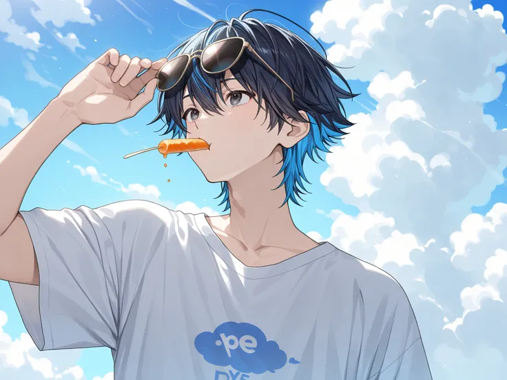 ((solo, anime))、(( male))、black eyes、2 color hair、dark haired、Blue hair、Black-Blue、hair is a mess、upper body、facing up、Large white T-shirt、Blue Sky、 White Clouds 、summer、sunglasses、eating、