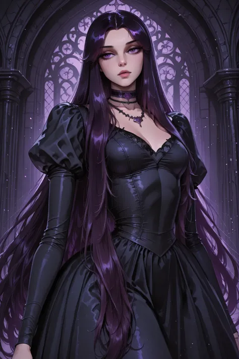 pandora, purple eyes, very long hair, black hair, dark purple hair, parted hair, necklace, choker, dress, black dress, juliet sleeves,