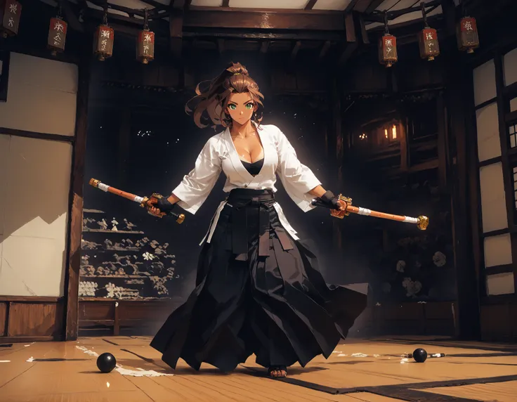 perfect anatomy, dynamic scene, dynamic stance, masterpiece, nierscene, hakama, kendo_gear, kendo-tare, dojo interior, modern dojo with traditional flare, on the far wall is a large trophy and two crossed shinai, in the middle of the floor is a woman with ...