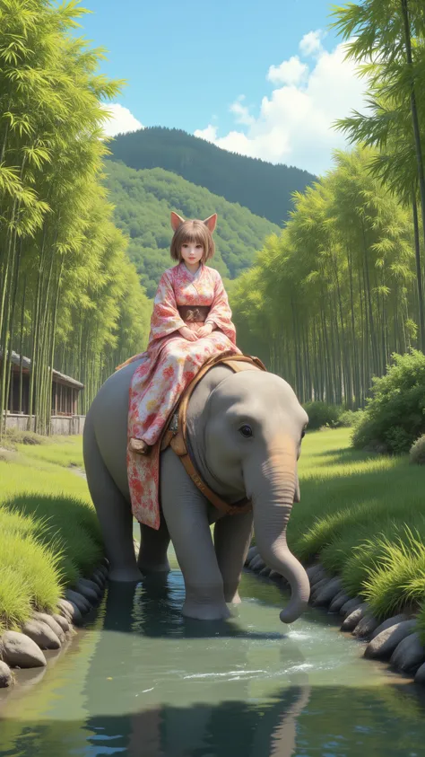 high-definition images、浴衣を着た日本のCat girl、Ride on the back of an elephant and cross a small river in 京都の嵐山