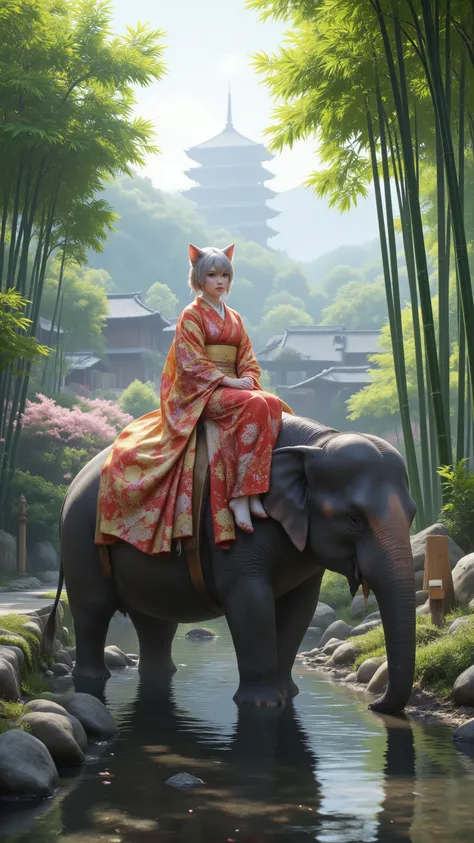 high-definition images、realistic images、Japanese cat girl wearing a yukata、Ride on the back of an elephant and cross a small river in 京都の嵐山