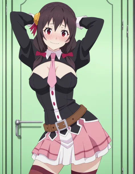 yunyun, black hair, hair ornament, red eyes, bow, braid, crown braid, mature female, breasts, anime screencap, skirt, thighhighs, long sleeves, necktie, belt, clothing cutout, cleavage cutout, pink skirt, pink necktie, high quality, solo, empty, guild hall...