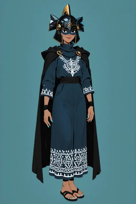 1 girl, beautiful woman, ancient warrior, portrait, black helmet, clothing made of thick fabric, black tilma cape, sandals, armor, black wristband, black eyeliner, beautiful, small smile, black eyes, natural pose, simple, humble, unassuming girl, light tan...