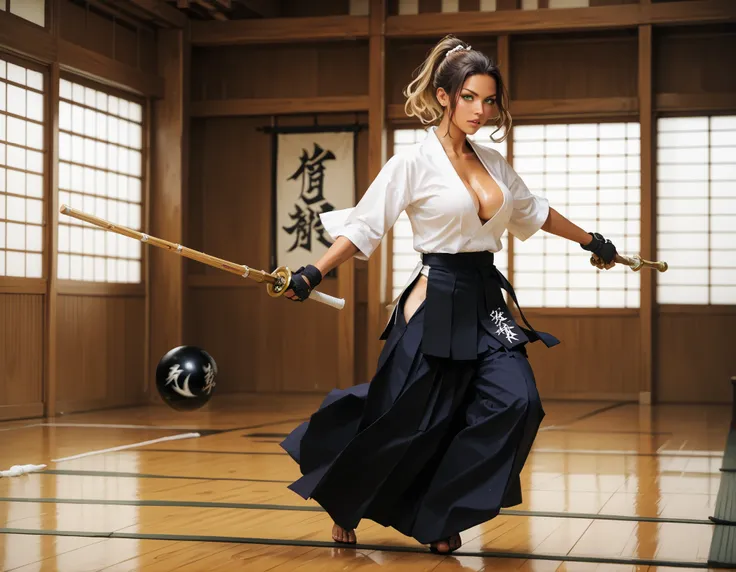 perfect anatomy, dynamic scene, dynamic stance, masterpiece, hakama, kendo_gear, kendo-tare, dojo interior, modern dojo with traditional flare, on the far wall is a large trophy and two crossed shinai, in the middle of the floor is a woman with long wavy b...