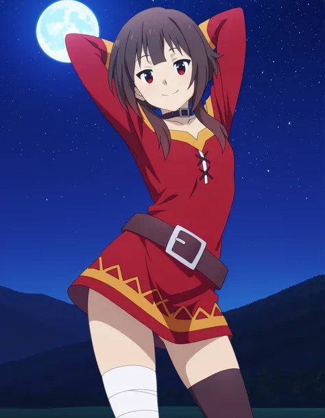 megumin, short hair, black hair, red eyes, short hair with long locks, mature female, small breasts, anime screencap, thighhighs, gloves, dress, black gloves, belt, black thighhighs, fingerless gloves, collar, bandages, red dress, single thighhigh, asymmet...