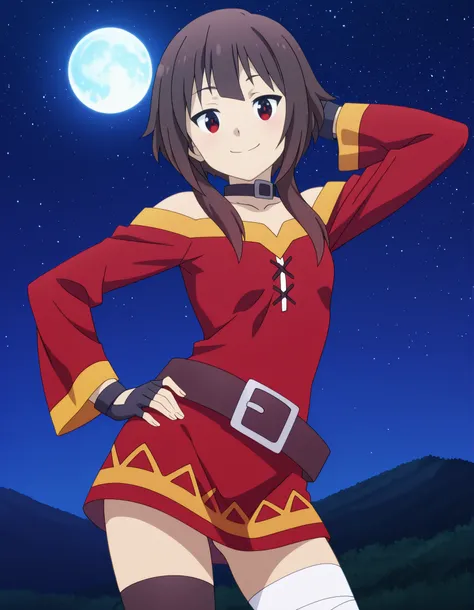megumin, short hair, black hair, red eyes, short hair with long locks, mature female, small breasts, anime screencap, thighhighs, gloves, dress, black gloves, belt, black thighhighs, fingerless gloves, collar, bandages, red dress, single thighhigh, asymmet...