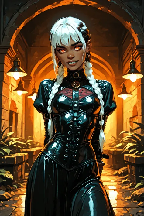 Drawn like the artist Bob Kehl. Phaedra from Fortnite with white and dark hair, deep red-coloured eyes, slanted big eyes, with sharp teeth, athletic body and abs. She has slightly dark skin. Slender and athletic. Cute, round and young face. White highlight...