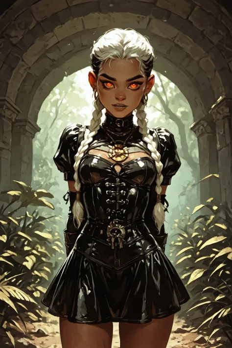 Drawn like the artist Bob Kehl. Phaedra from Fortnite with white and dark hair, deep red-coloured eyes, slanted big eyes, with sharp teeth, athletic body and abs. Slender and athletic. Cute, round and young face. White highlights in her hair. She wears Azt...