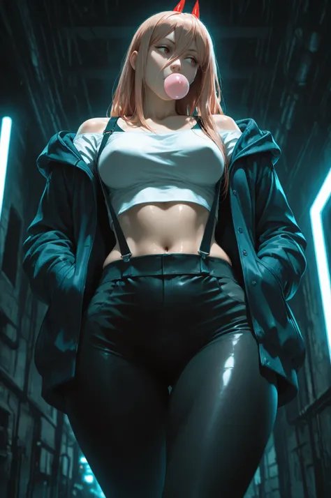 masterpiece, best quality, vibrant, very aesthetic, high contrast, semrealistic, newest,
scenery, neon rim light, dark, power from chainsaw man , medium perky breasts, wide hips, huge butt, thick thighs, black leggings, crop top white shirt, (neon suspende...