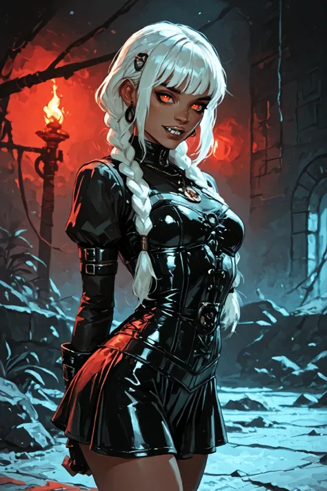 Drawn like the artist Bob Kehl. Phaedra from Fortnite with white and dark hair, deep red-coloured eyes, slanted big eyes, with sharp teeth, athletic body and abs. Slender and athletic. Cute, round and young face. White highlights in her hair. She wears Azt...