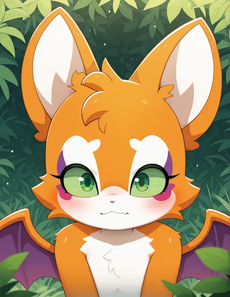 Sum Style, blush,, masterpiece, best quality, very aesthetic, (1girl:0.7),, (solo:1.3), furry, fidget \(elysian tail\), nimbat, fidget_daet, anthro, furry female, wings, tail, green eyes, colored sclera, bat wings, facial markings, orange fur, white fur, t...