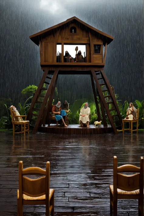 Realistic Noah's Ark scenario, chuva leve caindo, visible Ark wood, luz natural suave, fun but realistic atmosphere, two chairs in the center, you and Moses sitting on the chairs, natural facial expressions and caipiras, few animals in the background, core...