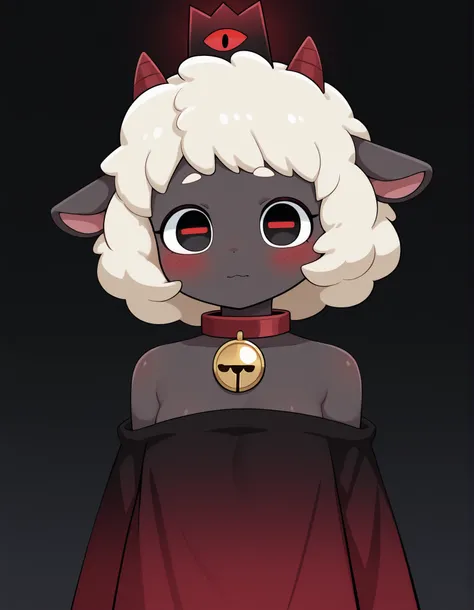 Sum Style, blush,, masterpiece, best quality, very aesthetic, 1girl, solo, cult of the lamb, sheep girl, collar, horizontal pupils, red/black eyes, red crown,