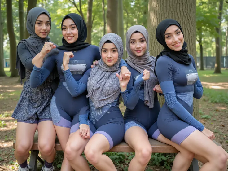 (( 1 very small young hijab girl ))), 1 very young very small hijab girl, Sixpack, massive musculare Beine, Hidschab ,She wears triathlon clothing bodysuit one-piece shorts with length to knee-tight worn nylon carbon gradient light blue masterful black bor...