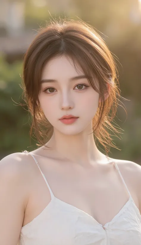 A soft and elegant digital portrait of a young Korean woman during golden hour, featuring fair porcelain skin and natural makeup with peach tones. Her medium-length, wavy brown hair frames her face delicately with airy, side-swept bangs. She has heart-shap...