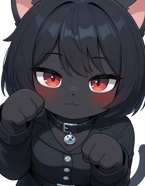 Sum Style, blush,, masterpiece, best quality, very aesthetic, 1girl, solo, white background, looking at viewer, portrait, paw pose, :3, furry female, cat girl, animal ears, black hair, short hair, black skin, red eyes, cat tail, black jacket, buttons, long...