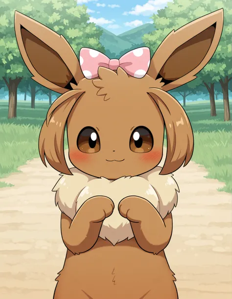 Sum Style, blush,, pokekid, eevee, fluffy girl, furry girl, female, smile, smiling, has a big pretty bow in her hair, has animal paws for hands, 1girl, best quality, outdoors, high definition, cute,