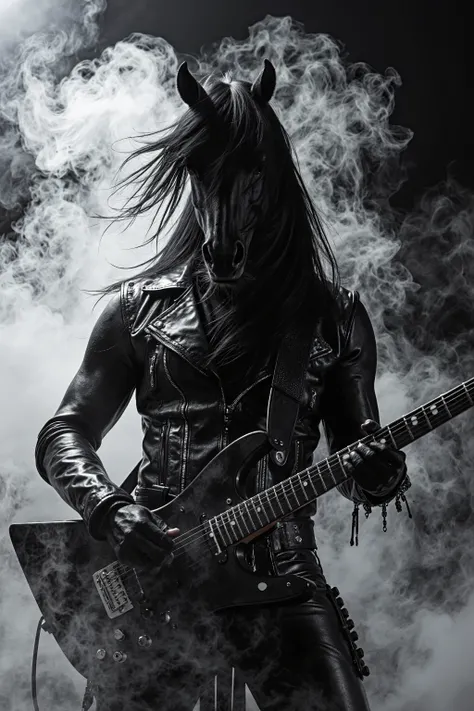 anthropomorphic black horse playing guitar、long black horse mane、horse wearing heavy metal leather fashion、dramatic lighting,artistphoto shoot,smoke effect,16k,high detail,nikon D850