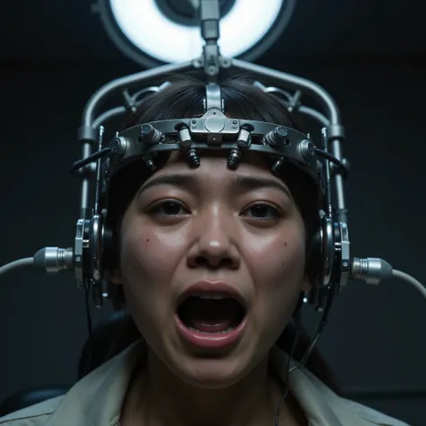Masterpiece mindcontrol photo, photorealistic close up portrait of a young crying japanese girl (((((((looking into camera in maximum mortal fear and panic, extremely horrified distorted face, wide open mouth crying, wide open desperate eyes, corners of mo...