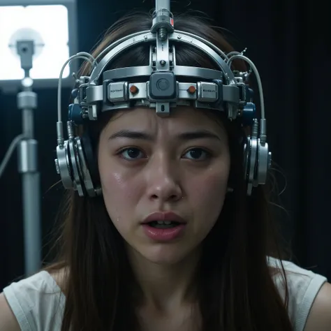 Masterpiece alien abduction and braincontrol photo, photorealistic close up portrait of a young extremely anxious tearfull japanese girl (((((((looking into camera with sad expression maximum mortal fear and panic, extremely horrified distorted face, wide ...