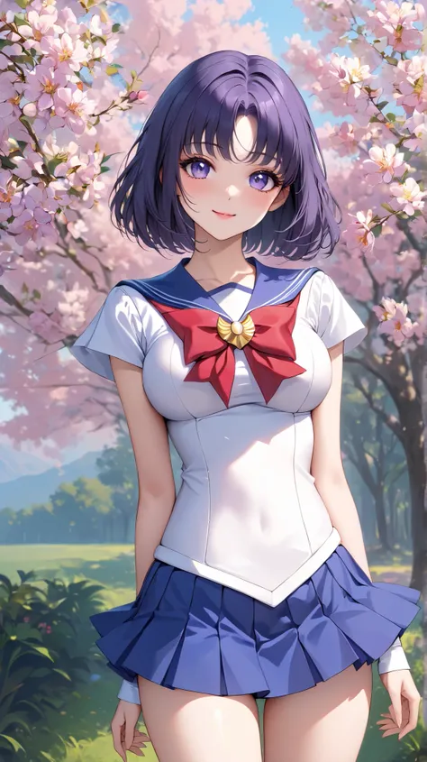(masterpiece,best quality,ultra detailed,high resolution),skinny,20-years-old,very cute face,thick eyeliner,realistic,standard height,looking viewer,seductive smile,standing,large breast,cowboy shot,at outdoor,sailor senshi uniform,bob cut,purple-hair,micr...