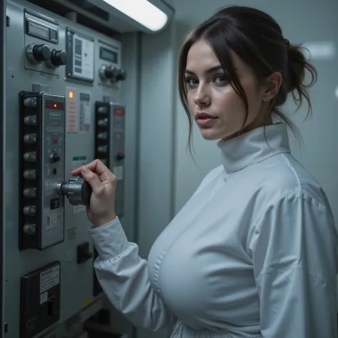 Masterpiece photo, photorealistic close up portrait of beautiful slim young fully clothed (((fullbreasted))) sadistic female doctor (((looking into camera))) strict, at electricgenerator in wall, hand on very large switch close up in electroexperiment, rea...