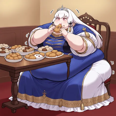 1girl, lytts, long hair, white hair, tassel hair ornament, pink eyes, royal dress, crown, tiara, fat, chubby, obese,, large breasts, full body shot, big lips, lipstick, puffy cheek, motion line, sitting , in front of tones of food, table, chair, eating foo...