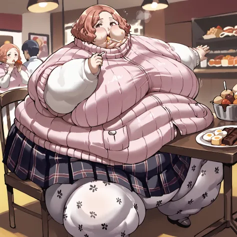 score_9, score_8_up, score_7_up, source_anime, BREAK 1girl, looking at you, defHaru, short hair, pink ribbed sweater, turtleneck sweater, short over long sleeves, plaid skirt, pleated skirt, print pantyhose, chubby, Obese, huge arms and legs, BBW、big chest...