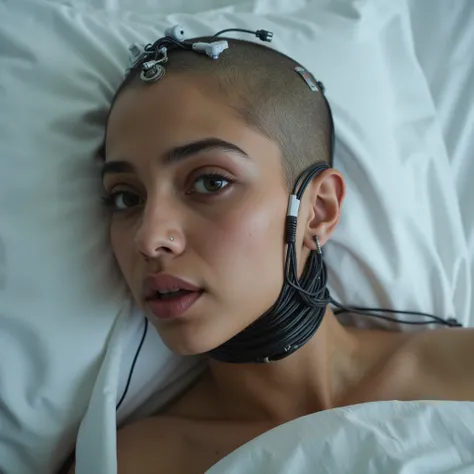 ultra sharp cyberhorror photo, photorealistic complete view of young natural ((((fullbreasted)))) cyberdrone ((Janhvi Kapoor)), unmade face, pale uncoloured lips, ((((sinister brainimplant with cyberinterface on side of shaved head with plugs for electric ...
