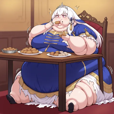 1girl, lytts, long hair, white hair, tassel hair ornament, pink eyes, royal dress, crown, tiara, fat, chubby, obese,, large breasts, full body shot, big lips, lipstick, puffy cheek, motion line, sitting , in front of tones of food, table, chair, eating foo...