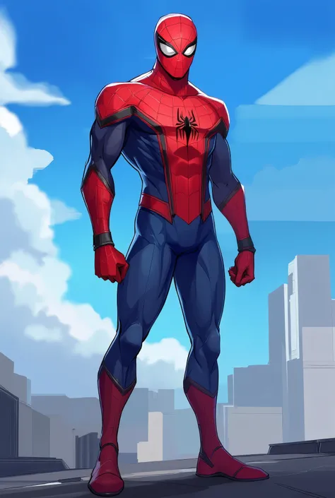 A man wearing spiderman suit, red mask with white eyes, red and blue spiderman suit, tall, slim athletic body, dynamic pose, standing on the edge of a rooftop, 2d cartoon style, 8K ultra HD, high quality, , good lighting, good detailing, illustration, digi...