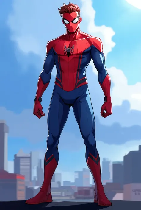 A 18 years old man wearing spiderman suit, red mask with white eyes, red and blue spiderman suit, tall, slim athletic body, dynamic pose, standing on the edge of a rooftop, 2d cartoon style, 8K ultra HD, high quality, , good lighting, good detailing, illus...