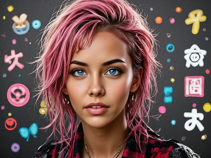 duskspider, illustration, 1boy, male focus, Hideto Mastumoto, hide from X-japan, japanese rock star, the pink spider, bokeh, brown_eyes, closed_mouth, cosplay_photo, depth_of_field, figure, film_grain, focused, jacket, looking_at_viewer, plaid, plaid_shir...