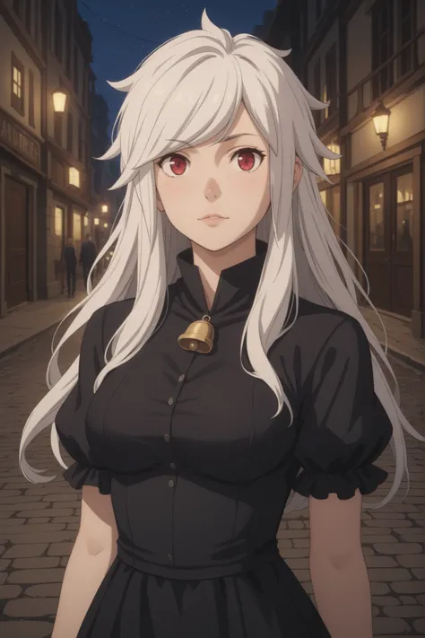 bell_cranel, white hair, red eyes, long hair, 1girl, medium breasts, black dress, upper body, looking at viewer, night, street, village