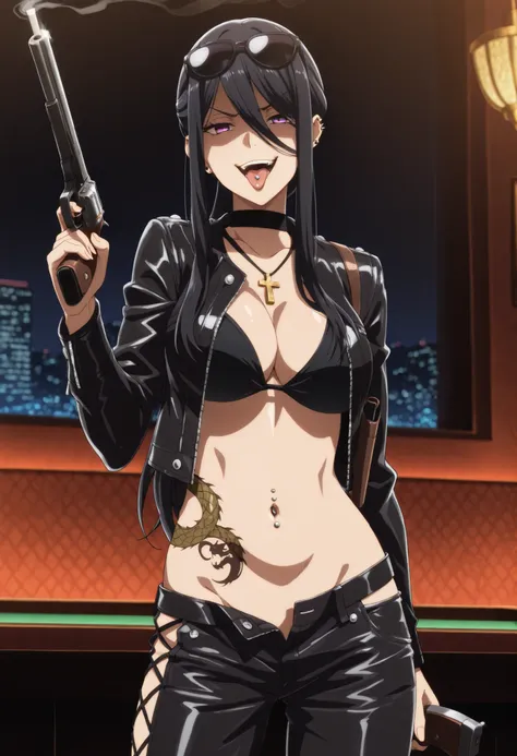 best quality,masterpiece,1girl,krstjgrth,anime coloring,solo,(black hair,purple eyes:0.8),(glaring:0.85) ,(eyelashes:0.9),,sidelocks, ,long hair,,ear piercing, long hair, , lipstick, Hot girl, baddie, smoking, sensual, attractive , cross necklace, choker,j...