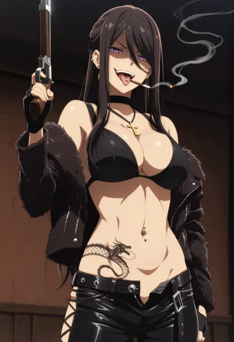 best quality,masterpiece,1girl,krstjgrth,anime coloring,solo,(black hair,purple eyes:0.8),(glaring:0.85) ,(eyelashes:0.9),,sidelocks, ,long hair,,ear piercing, long hair, , lipstick, Hot girl, baddie, smoking, sensual, attractive , cross necklace, choker,j...