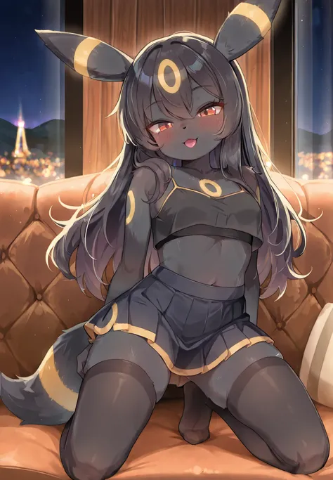 Source_furry, 1girl, solo, Umbreon, pokemon, anthro, detailed fluffy fur, black fur with golden markings,long hair, skirt, thigh highs, crop top, kneeling on a couch, seductive , sexy pose, alluring atmosphere, night time, mountain cottage, cinematic light...