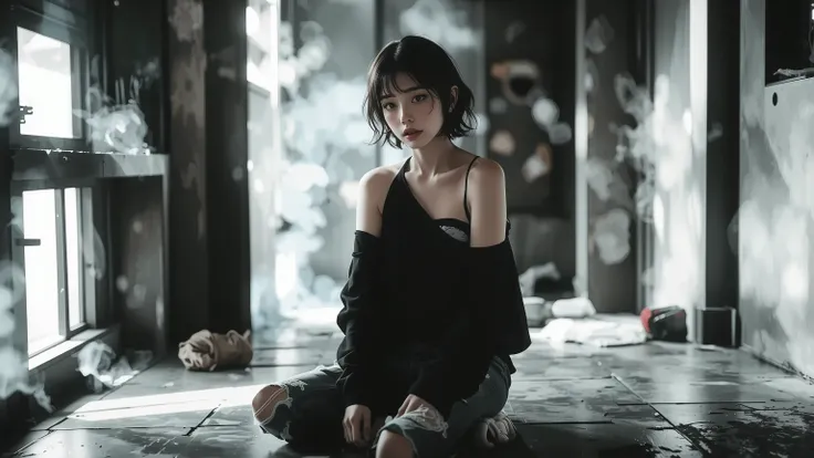 one woman、solo、best quality, perfect depiction, dark corner shot, black long sleeve top with open shoulders, Stylish Damaged Denim, sitting and leaning against the wall,Boundary of Darkness, The Formative Beauty of Shadows, tense air, monochrome color, A...
