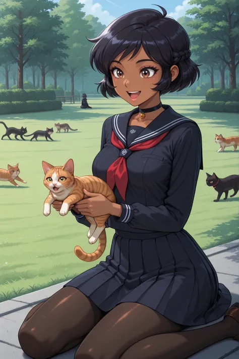 masterpiece, best quality, good quality, cartoon, totally_spies_2k24 alex, black hair, short hair, brown eyes, dark-skinned female, pink lips, medium breasts, choker. | girl_with_cats, cat, animal, holding animal,multiple cats, cats running, cats jump,girl...