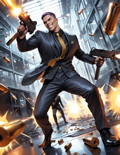 SMG-0, masterpiece, best quality, intricate details, detailed background, high res, highest quality, 8k, 1boy, mature adult male, solo, solo focus, hitman, assassin, purple hair, short hair, combed back hair, large brown eyes, large grin, white teeth, evil...