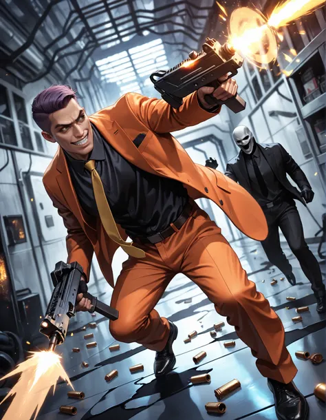 SMG-0, masterpiece, best quality, intricate details, detailed background, high res, highest quality, 8k, 1boy, mature adult male, solo, solo focus, hitman, assassin, purple hair, short hair, combed back hair, large brown eyes, large grin, white teeth, evil...