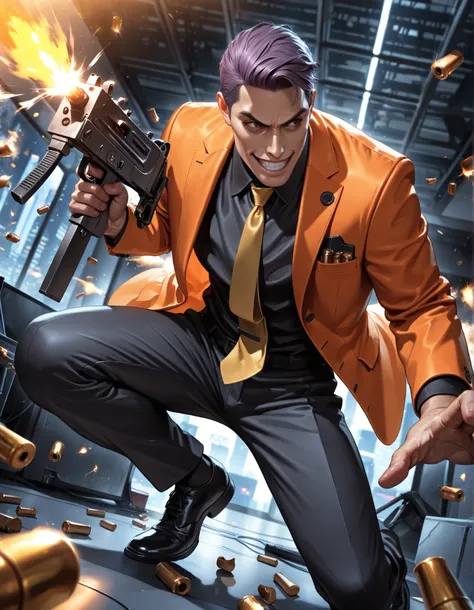 SMG-0, masterpiece, best quality, intricate details, detailed background, high res, highest quality, 8k, 1boy, mature adult male, solo, solo focus, hitman, assassin, purple hair, short hair, combed back hair, large brown eyes, large grin, white teeth, evil...