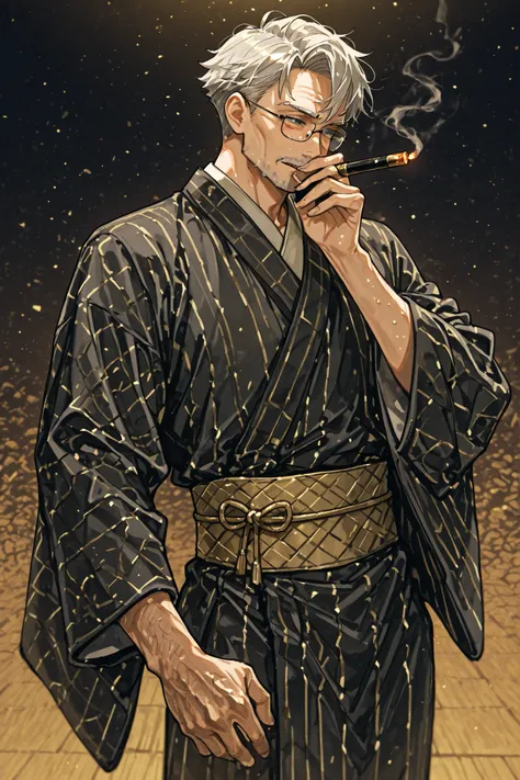 ((Highest Quality)), ((Masterpiece)), ( details), Animation、Highest Quality、details、((one old man))、old Japanese kimono、 black kimono、yellow pattern、Dark Mansion、(((黒い髪)))、glasses、Smoke tube in one hand